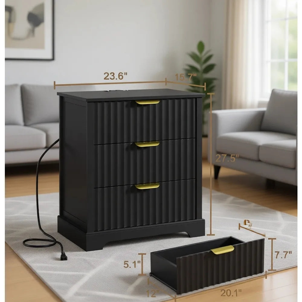 Modern Fluted Nightstands Set Of 2 With 3 Drawers Storage