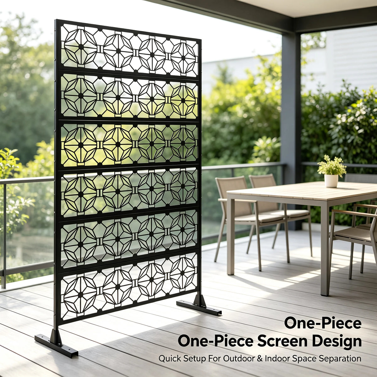 Outdoor Privacy Screen 113x181cm, Freestanding Metal Fence Panel with Flower Hollow Design, Decorative Room Divider for Patio Balcony Garden Deck, Black