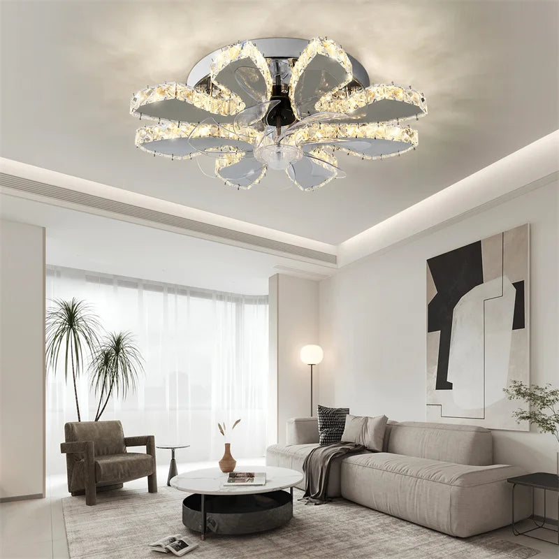 GreeLustr Remote Control Crystal Ceiling Fan Light With Retractable Blades