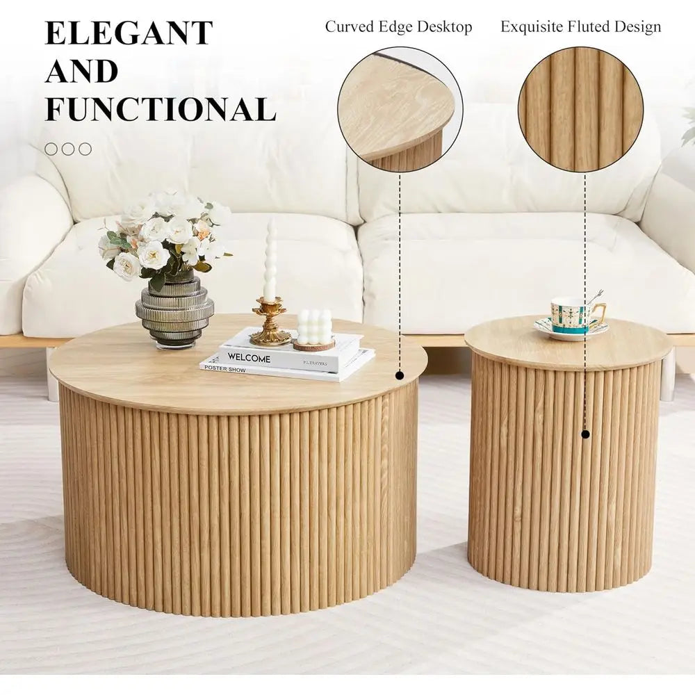 luted Round Nesting Coee Table Set o 2, Century ern Wood Coee Tables and End Table Set, Circle Side Table Minimalist Center Tabl
