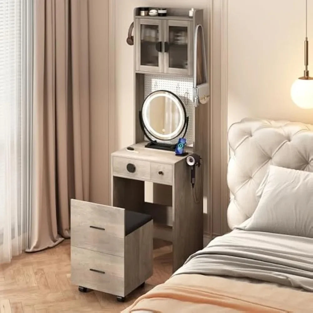 space-saving makeup vanity set with storage drawers and chair, desk-style vanity with illuminated mirror