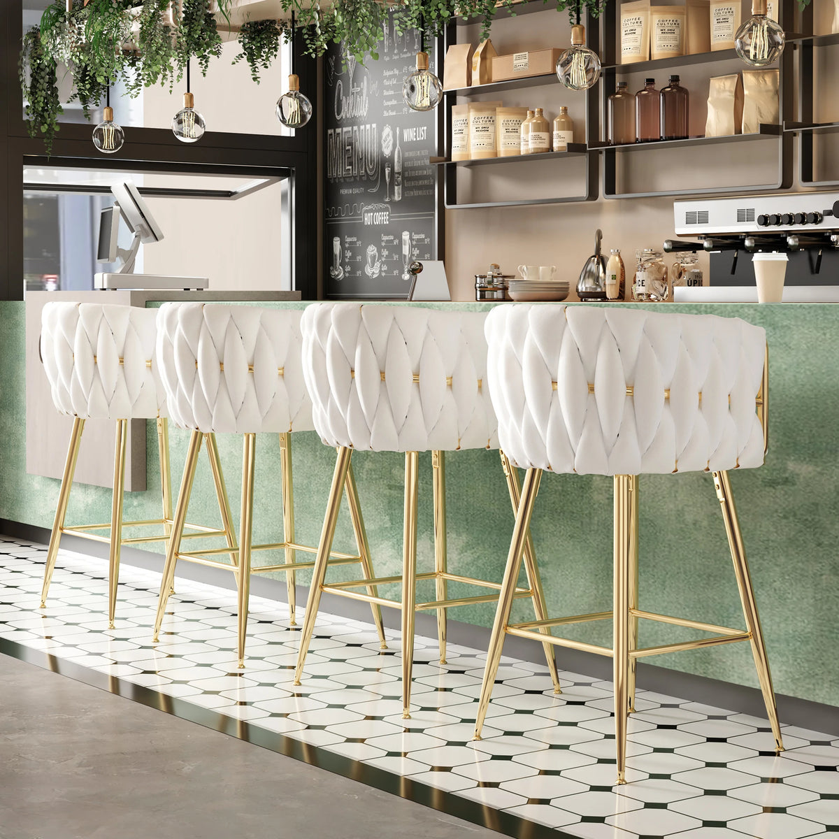Farini Set of 2 26" Bar Stools, Modern Mid-Century Kitchen Stools with Back, Metal Legs, for Kitchen, Dining Room