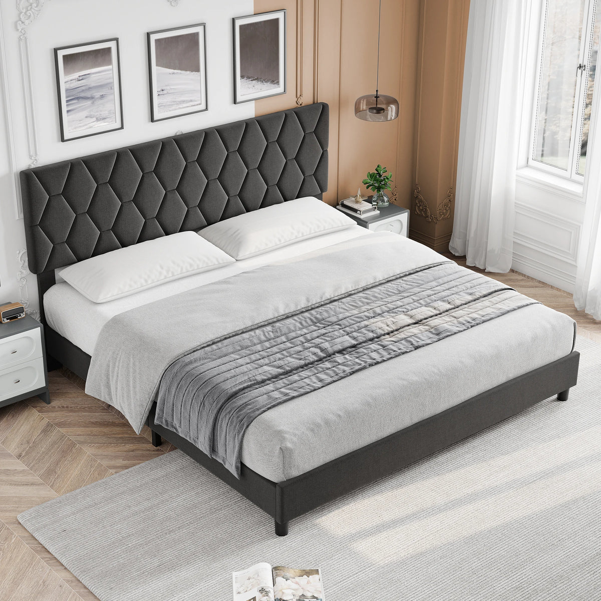 GarveeLife Upholstered Platform Bed Frame With Adjustable Fabric Headboard