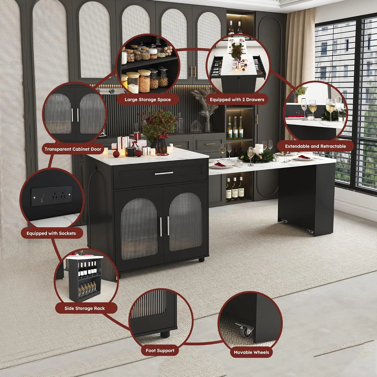 Expandable Kitchen Island Cart With Usb Ports And Power Outlet