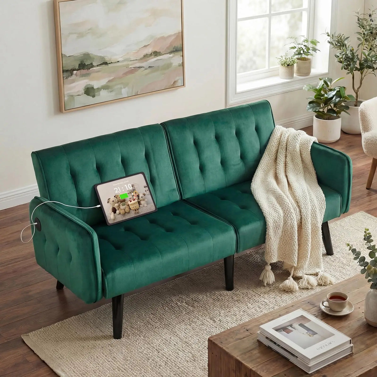 Tyboatle Convertible Faux Leather Futon Sofa Bed With USB Ports