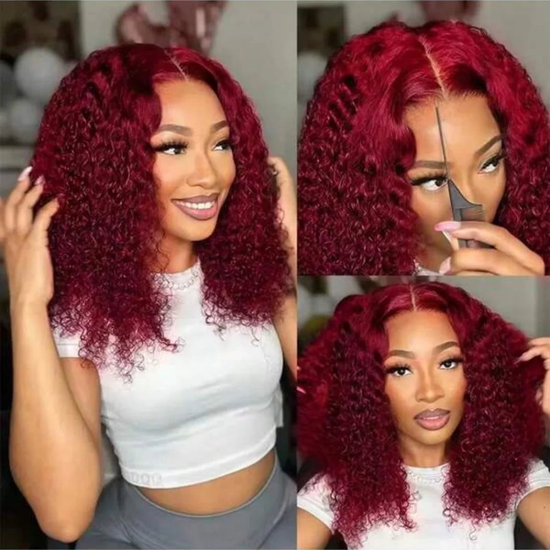 250% Density 32 Inch Pre Plucked Curly Burgundy Lace Front Wig 13x4 Deep Wave HD Transparent Lace Wig Colored Hair Wig For Women