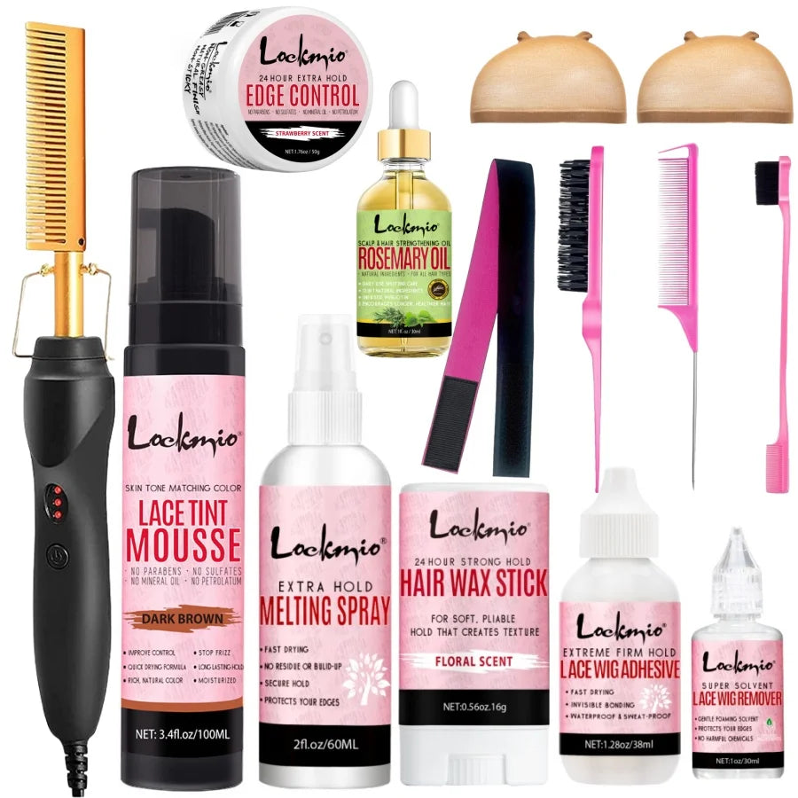 Professional Lace Wig Install Kit with Hot Comb Hair Straightener, Lace Tint Mousse, Strong Hold Wig Glue & Rosemary Oil, Complete Wig Styling Set