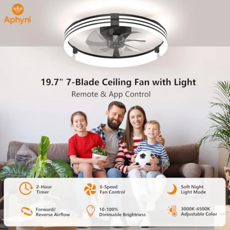 Ceilg Fans with Lights and Remote, 19.7" Low Profile Ceiling Fan, Modern Flush Mount LED Fan Light, 6 Wd Speeds Fandelier Ceilg