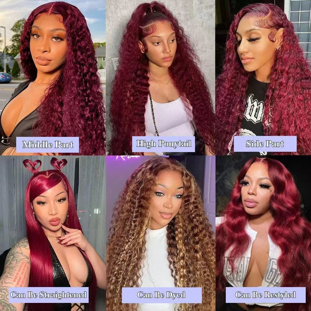 250% 13x4 HD Transparent 99J Burgundy Loose Wave Lace Front Wigs Deep Wave Frontal Wig Colored 99j Burgundy Deep Curly Lace Front Human Hair Wigs Preplucked For Women