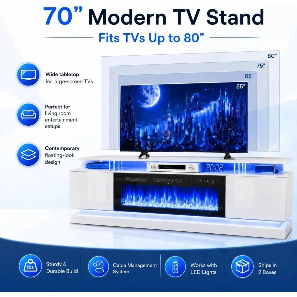 Electric Fireplace TV Stand With Storage And RGB LED Lighting