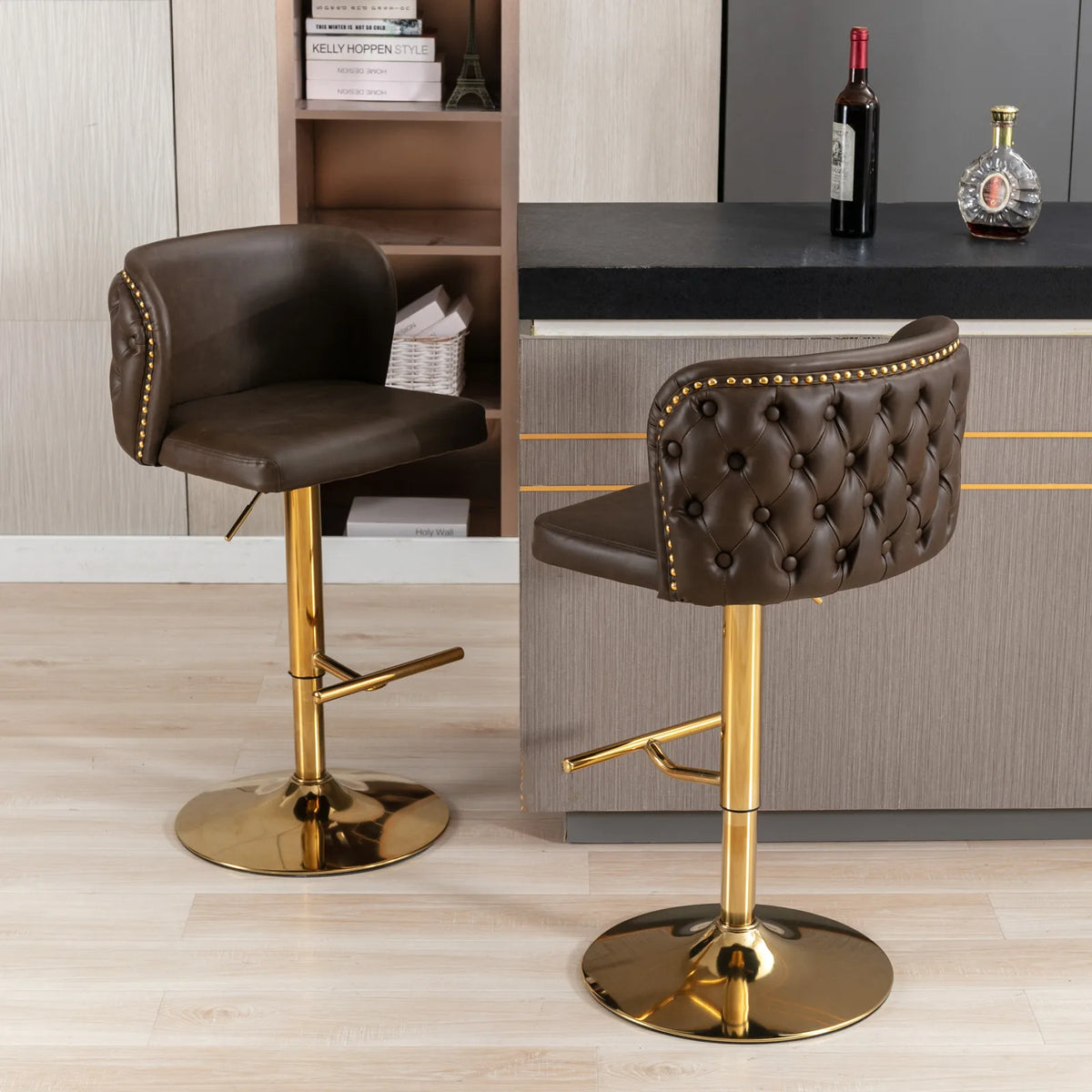 TWISTER.CK Swivel Bar Chairs PU Upholstered Bar Stools Gold Nailheads