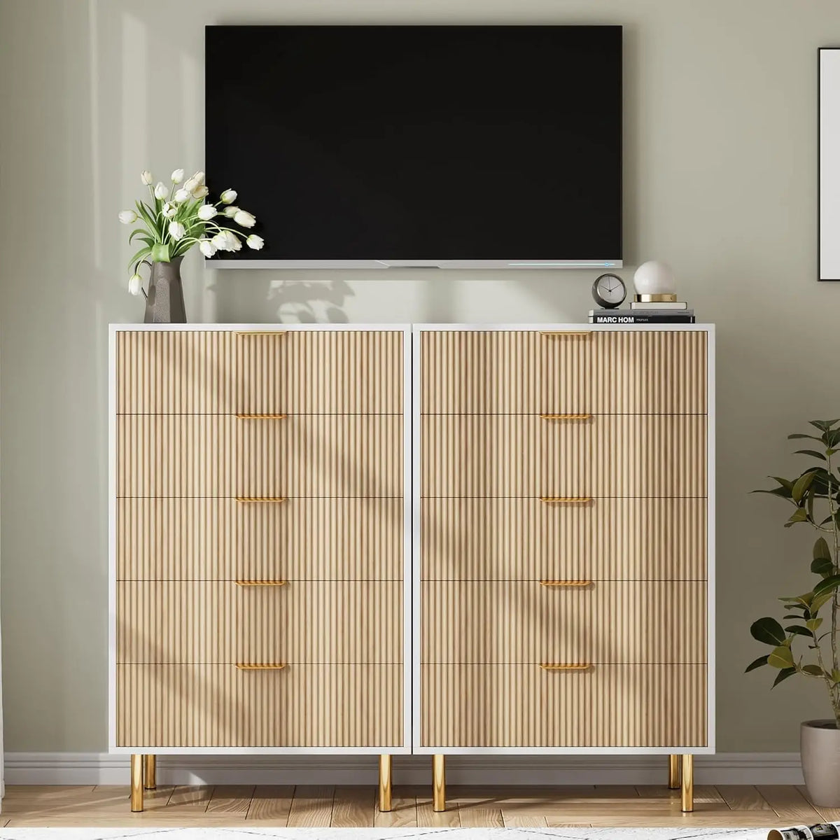 Fluted 5 Drawer Bedroom Dresser 48 Inch Metal Leg Wooden Cabinet | Groove Facade Anti Topple Safe Storage Smooth Drawer Slide Polished Hardware Elevated Base Household Dresser