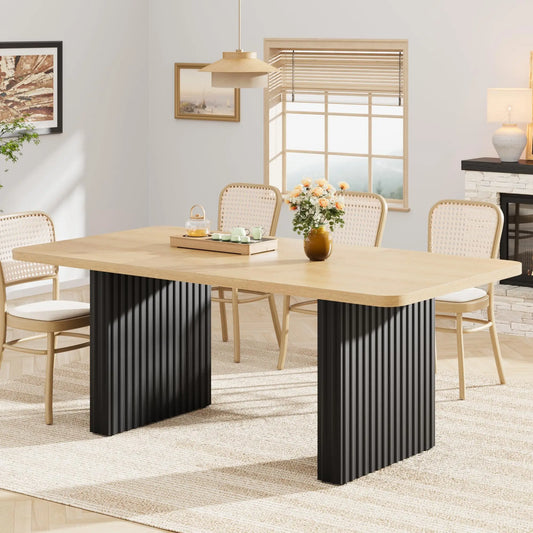 71 Inch Industrial Dining Table For 6-8, Farmhouse Rectangular Kitchen Table With Rustic Wood Top And Black Fluted Metal Legs