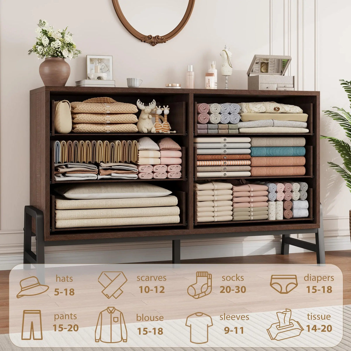 Six Drawer Wooden Dresser With Metal Feet For Bedroom Storage