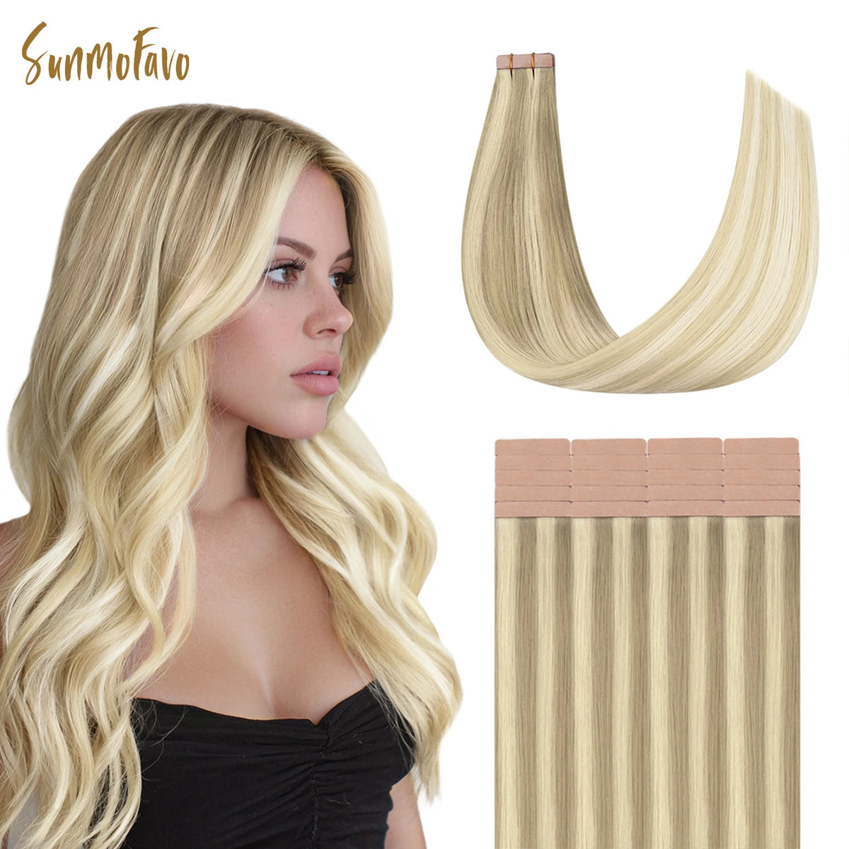 Sunmofavo Seamless Tape In Hair Extensions 100% Real Remy Human Hair Straight, Ash Brown To Platinum Blonde Ombre Silky Glossy ,20Pcs 50g,  Firm Hold After Heat Application, Instant Volume, Salon Professional Tape Ins
