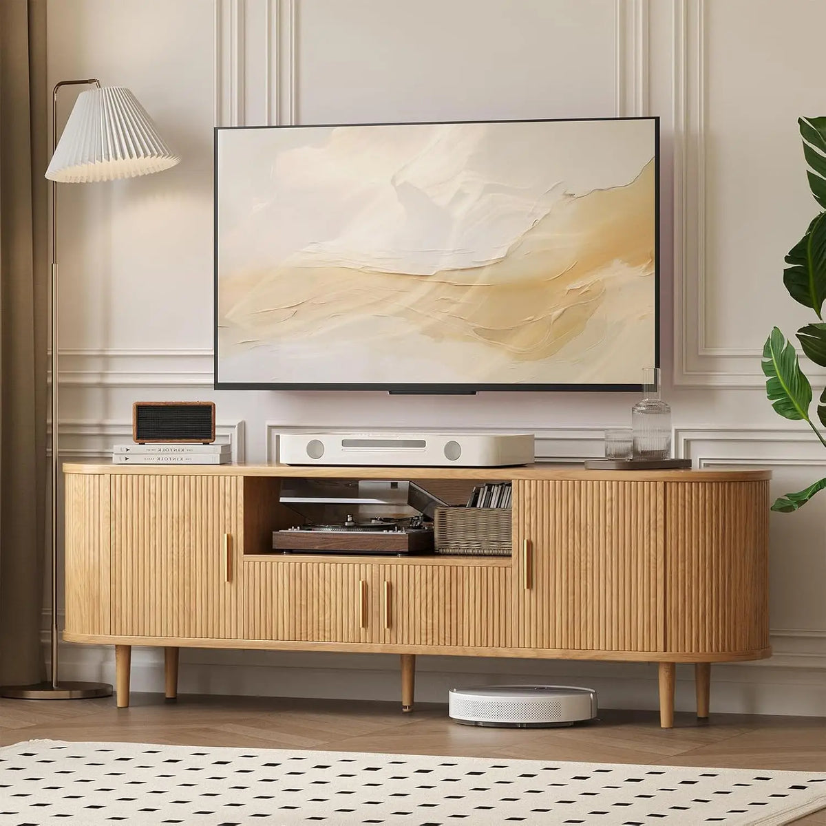 Mid Century Modern TV Stand With Storage And Adjustable Shelving