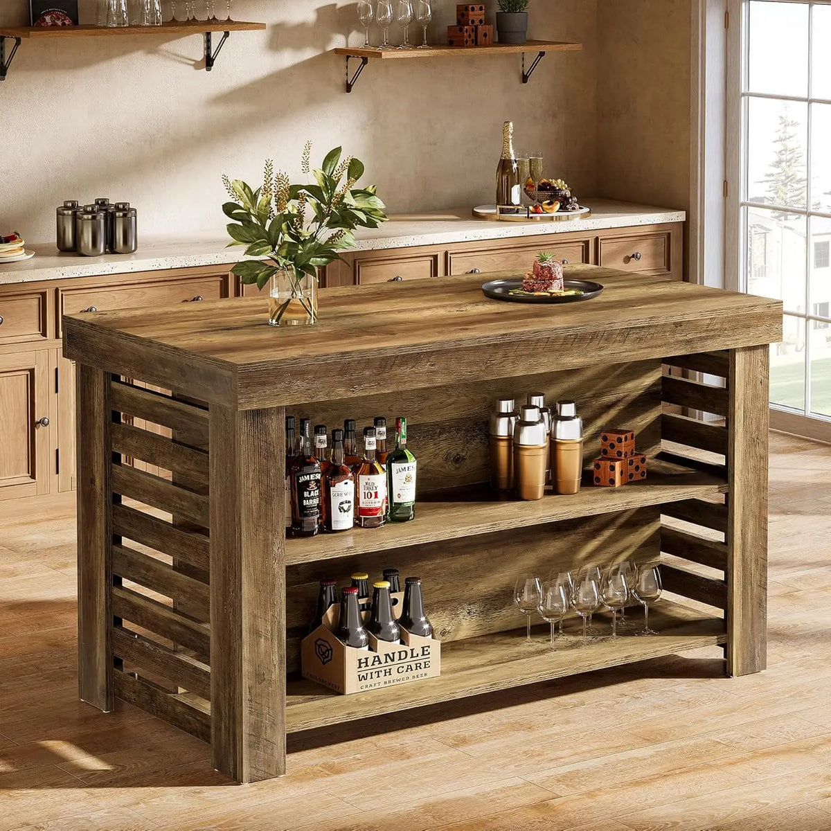 Kitchen Island With Seating, Farmhouse Wood Table And Storage Shelves