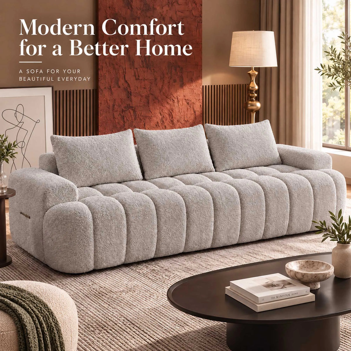 Curved Boucle Sofa Three Seat Cloud Couch With Resilient Foam