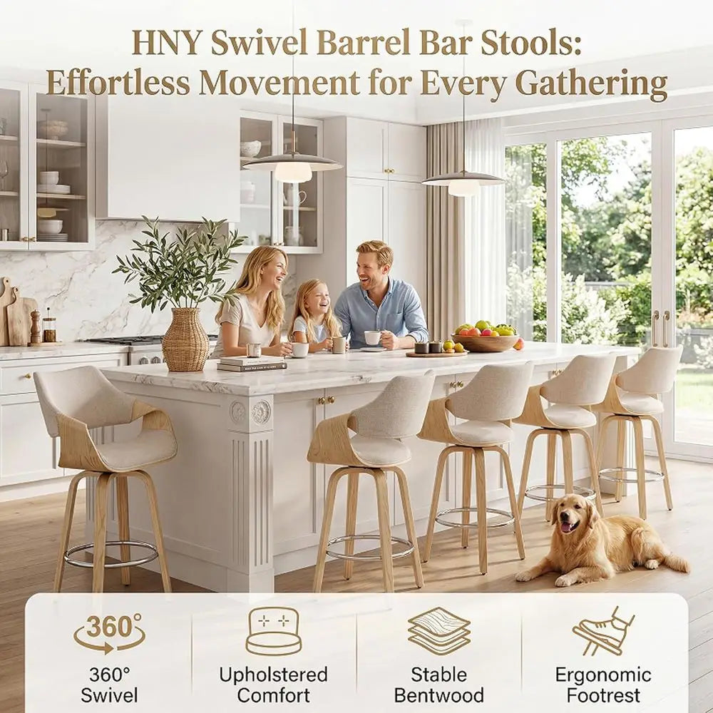 LISM Modern Beige Chenille Barrel Swivel Counter Stools Set