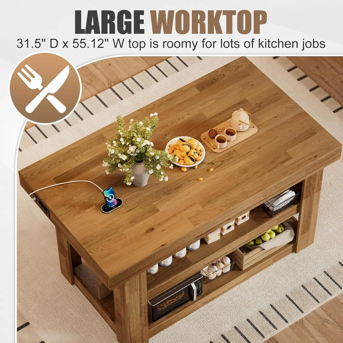 Kitchen Island With Storage And Power Outlets 3-Tier Wood Table