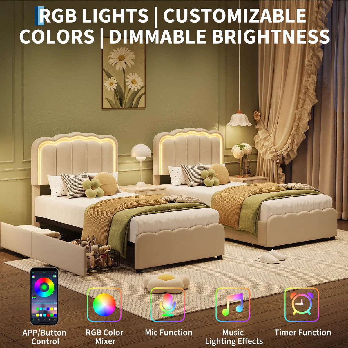 HiMISS Upholstered Platform Bed With Storage Drawers And LED Lighting