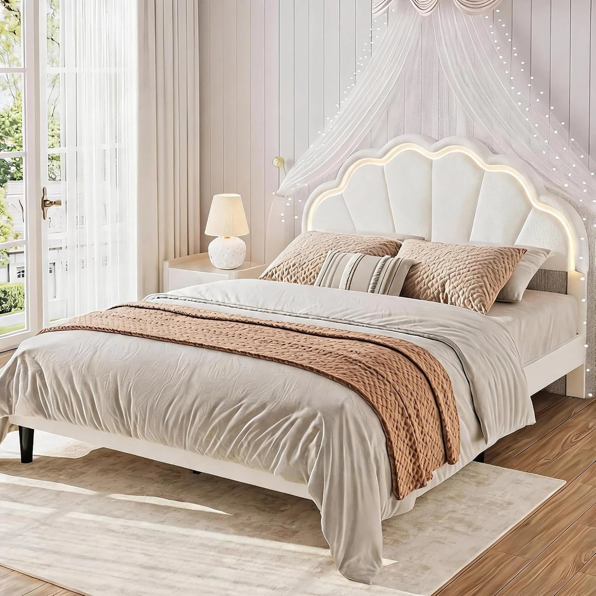 HiMISS LED Upholstered Bed Frame With Velvet Shell Headboard