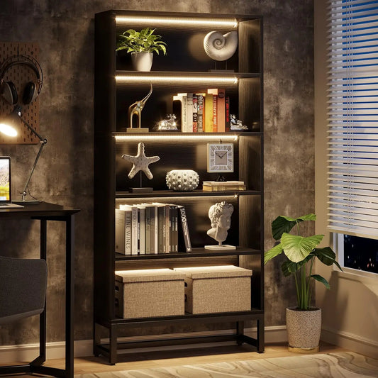 Tribesigns Five Tier Free Standing Library Bookcase With LED Lights