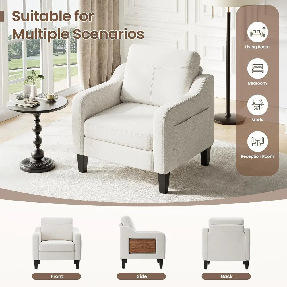 Linen Armchair With Foldable Side Table And Pockets