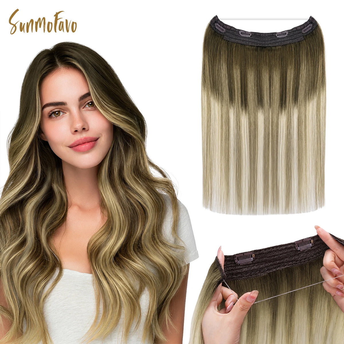 Sunmofavo Invisible Wire In Hair Extensions Halo 100% Remy Human Hair Adjustable Hairpiece with 4 Clips Walnut Brown Bleach Blonde Ombre Seamless Undetectable for Thin Fine Hair Instant Volume Soft Straight Real Human Hair Da