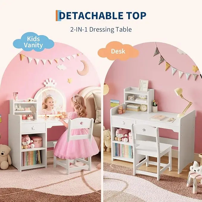 HiMISS Kids Vanity Desk Set With Lights Chair And Bookshelf