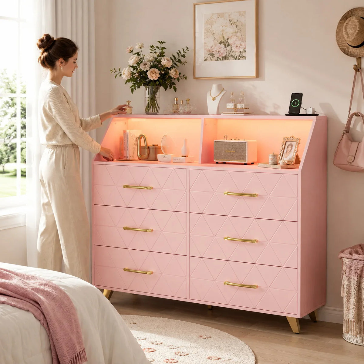 Modern 6 Drawer Dresser with LED Lights Charging Station Pink Wood Storage Cabinet Bedroom Chest of Drawers with Metal Legs Entryway Organizer