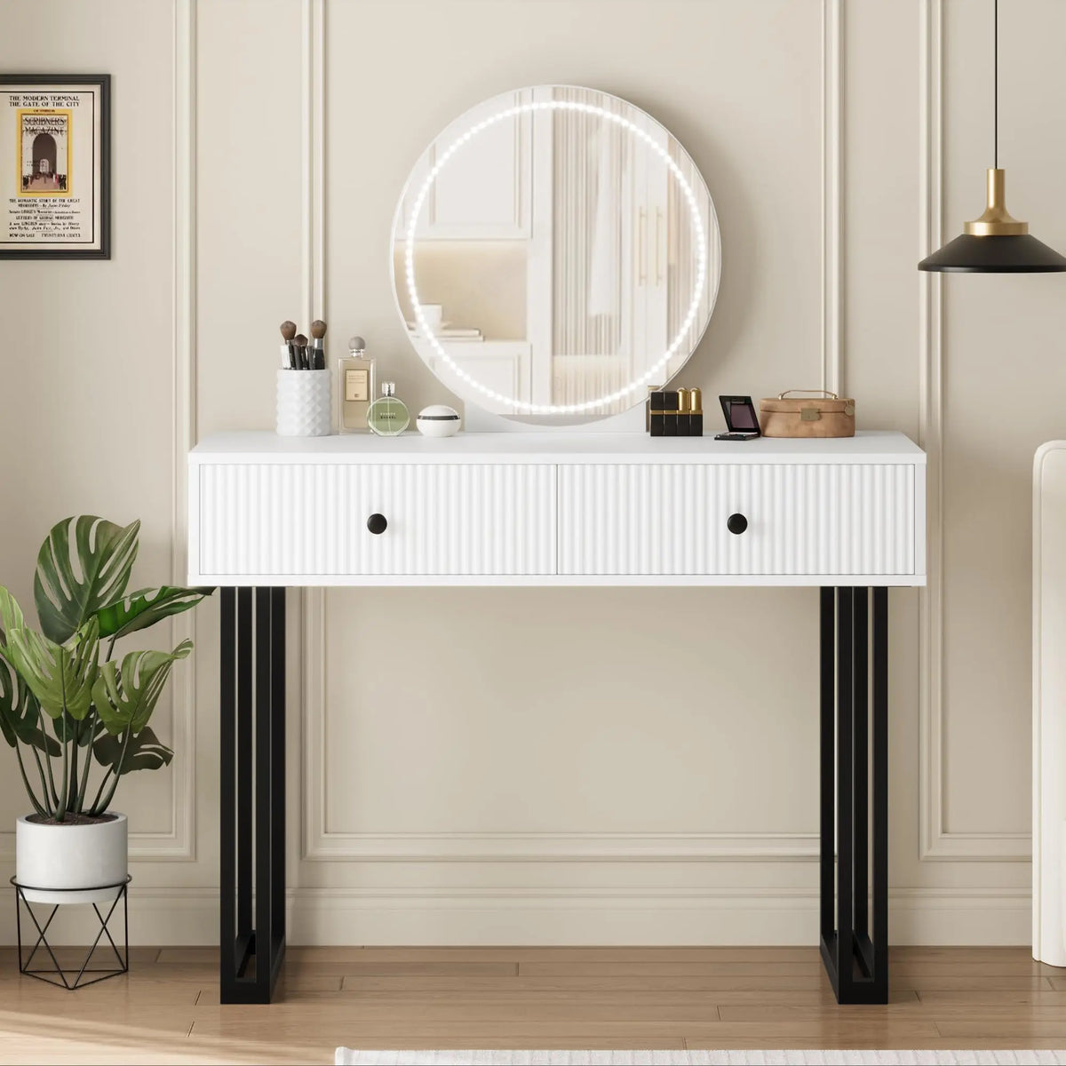 Vanity Desk with Mirror and Lights, Small Makeup Vanity with 2 Drawers, Modern Vanity Organizer with 3 Color Lights&Adjustable Brightness, Dressing Table for Bedroom