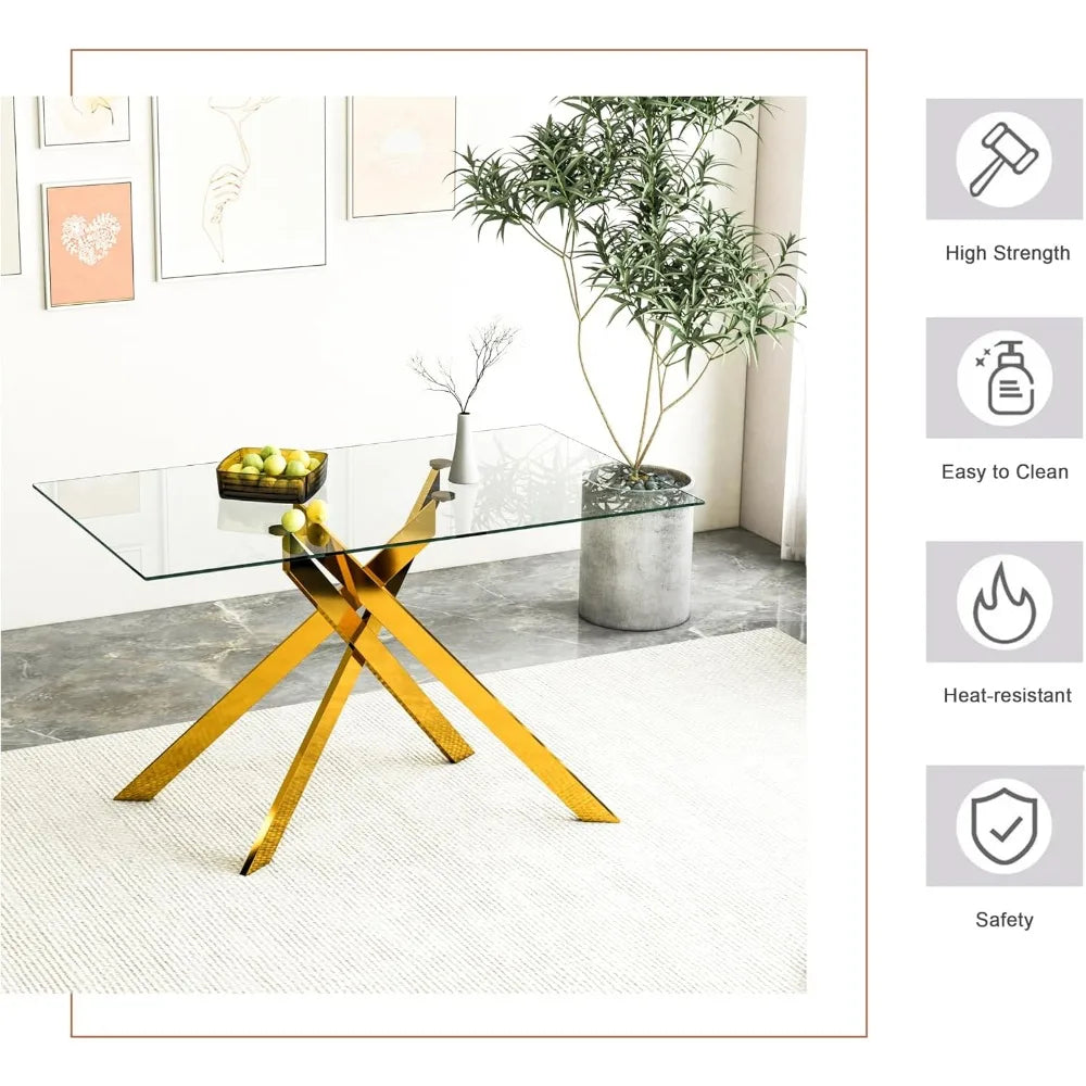 Rectangular Tempered Glass Dining Table With Metal Legs