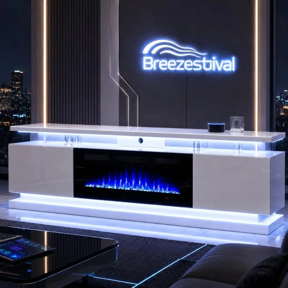Electric Fireplace TV Stand With Storage And RGB LED Lighting