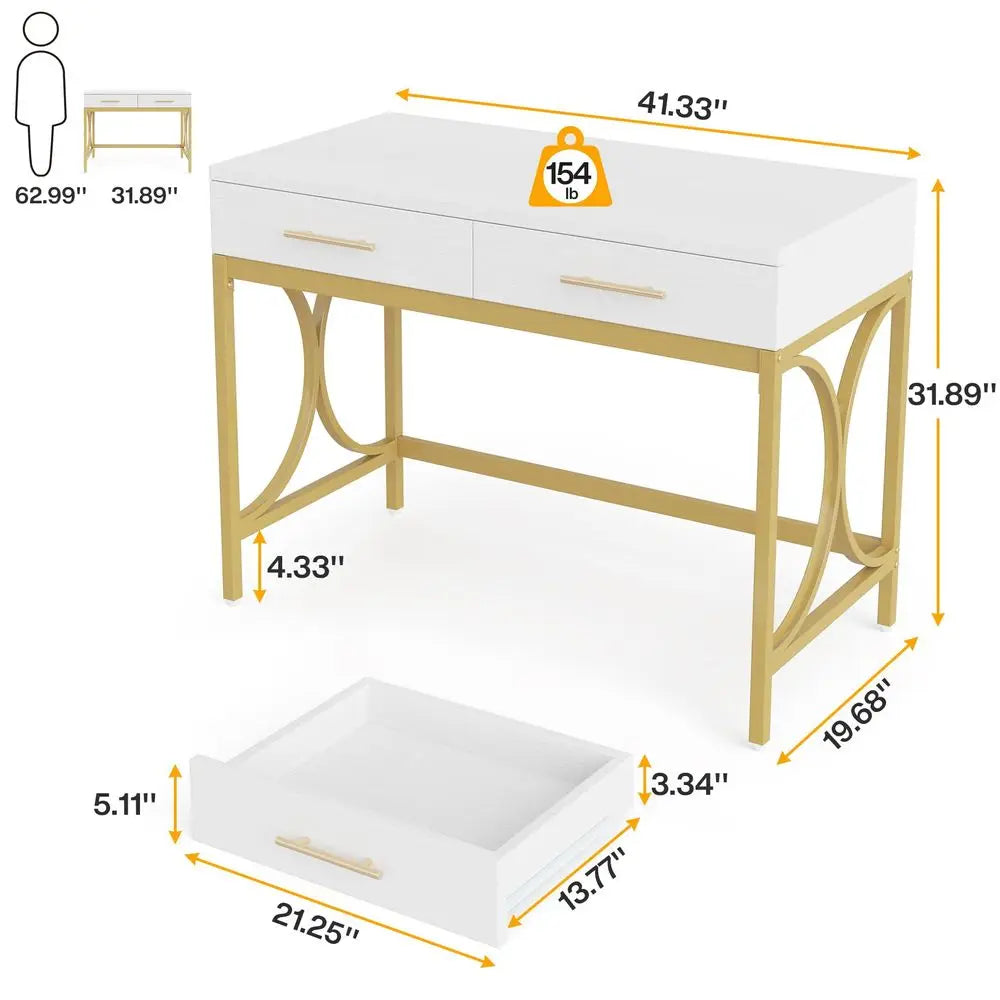Modern Computer Desk with 2 Drawers Set of 2, 41 Inches Study Writing Office Desk for Home Office, Bedroom, Makeup Vanity Table