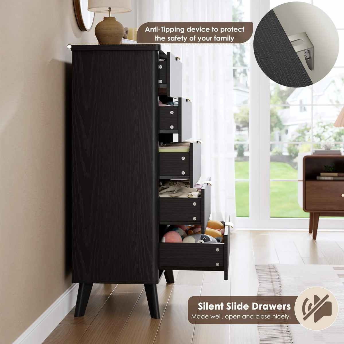 Modern Fluted Five Drawer Dresser With Deep Storage Cabinet