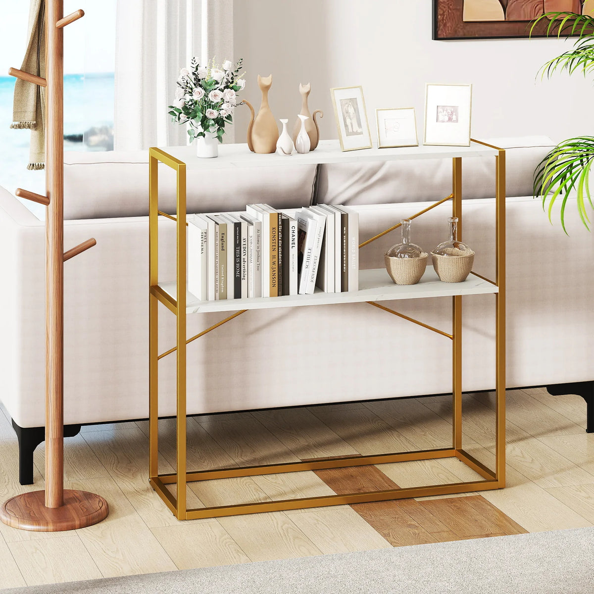 36” Console Table with Wooden Textured Open Shelves & Metal Frame for Hallway