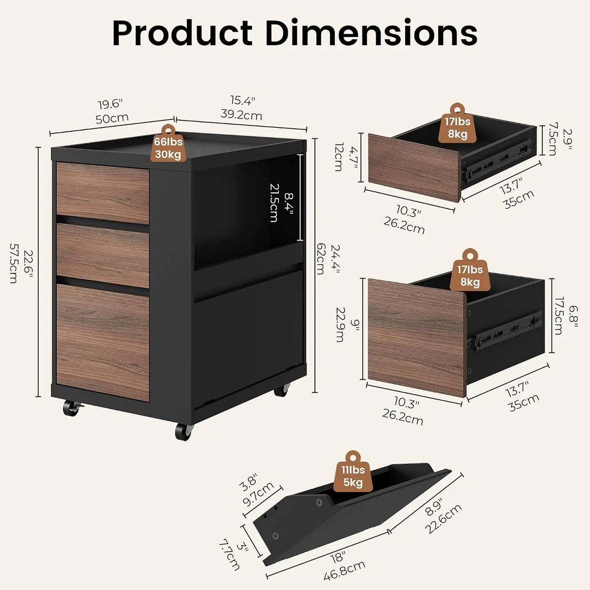 Mobile File Cabinet Under Desk with 3 Drawer, Office Storage Cabinet | Rolling Wood Printer Stand w/ Unique Side Shelf for Binde