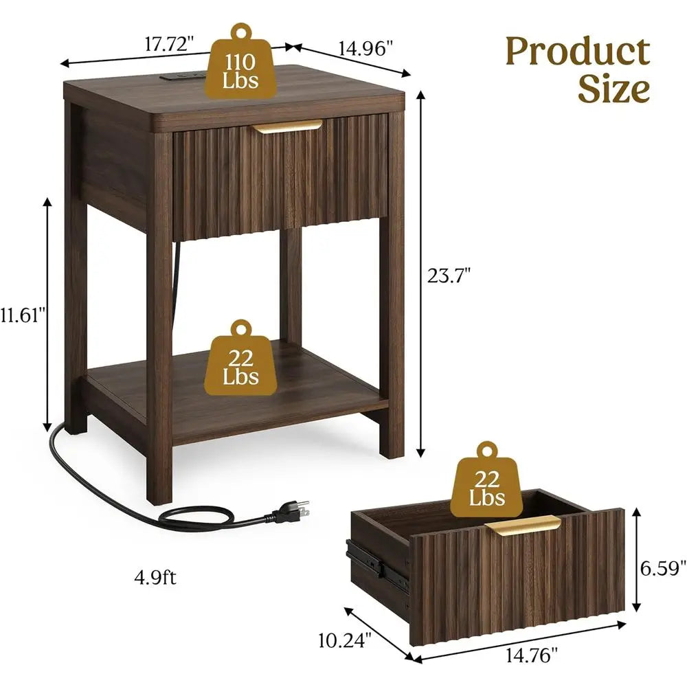LISM Fluted Wood Nightstand With Charging Station And Storage Drawer