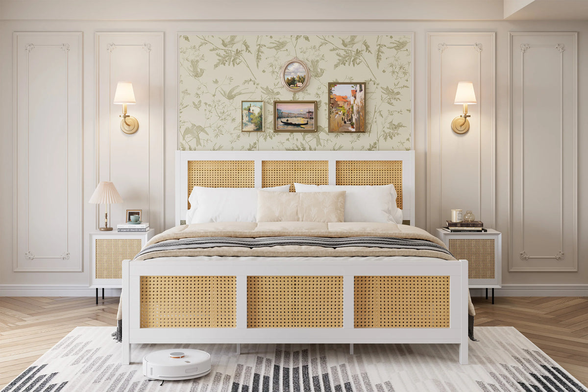 Modern Boho Bed Frame With Rattan Headboard And Storage