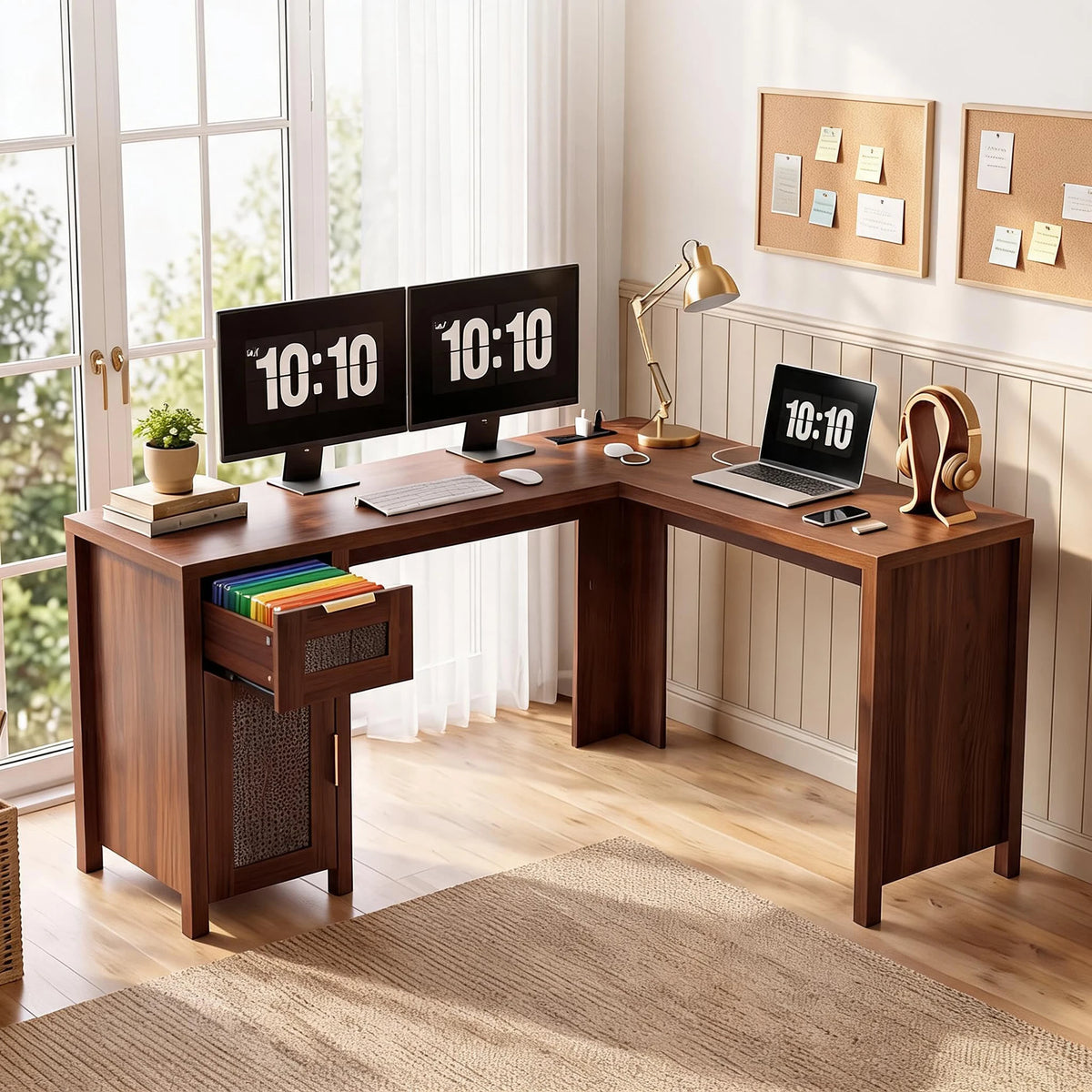HiMISS Modern L Shaped Office Desk With Storage Shelves