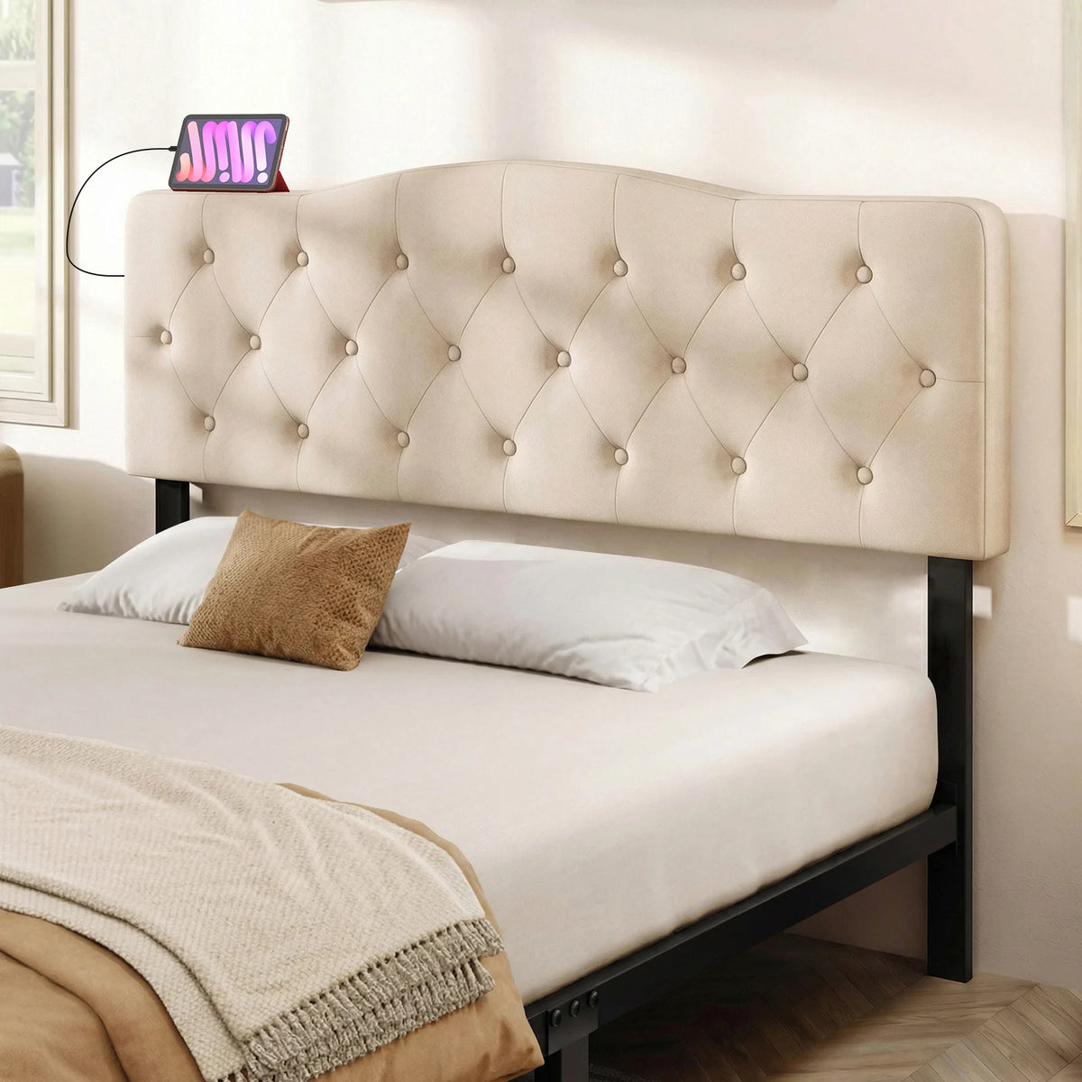 HOMASIS Tufted Upholstered Headboard With Two AC Outlets