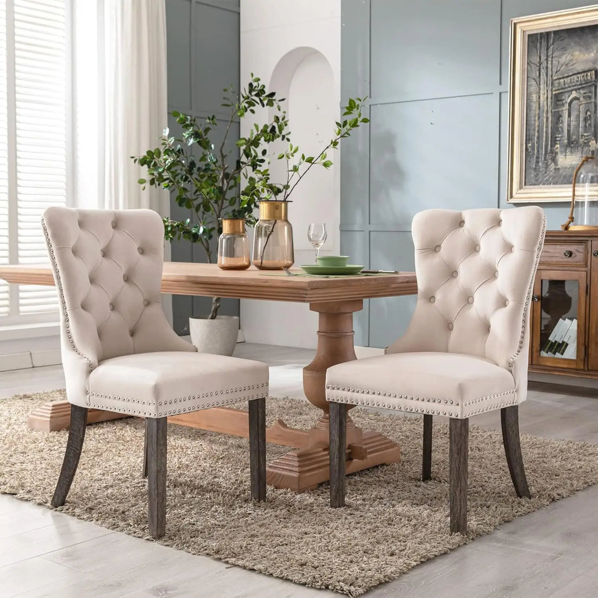 Velvet Upholstered Tufted Dining Chair with Nailhead Trim & Ring Pull, Solid Wood Legs, Modern Kitchen Chair, Set of 4, Custom