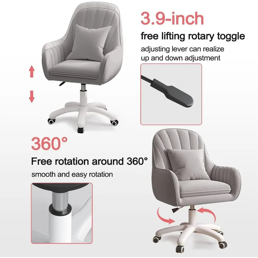 Soft Velvet Vanity Desk Chair with Pillow Swivel Rolling Computer Chair Home Office Accent Task Chair fo Girls Women Living Room