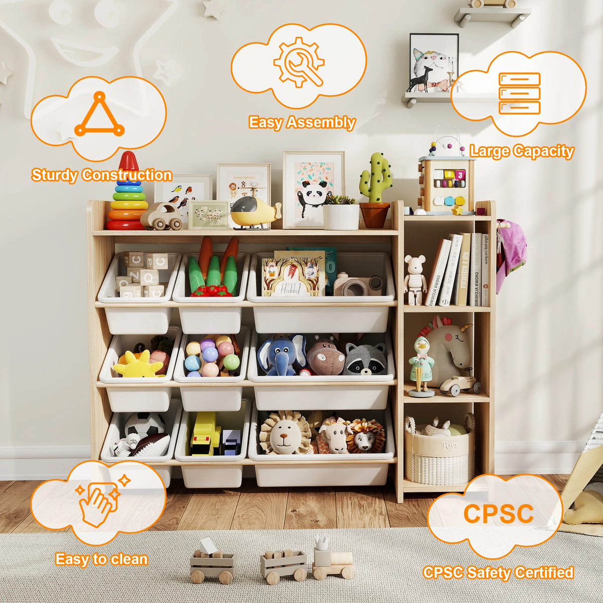 Kids Toy Storage Organizer with Three Tiers and Nine Bins