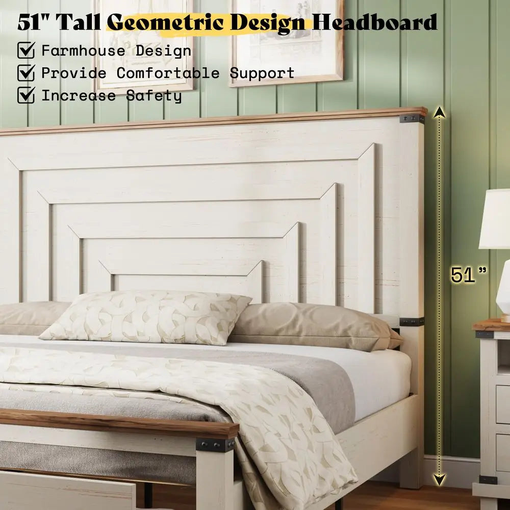 XMSJ Farmhouse Platform Bed Frame With Geometric Headboard And Storage
