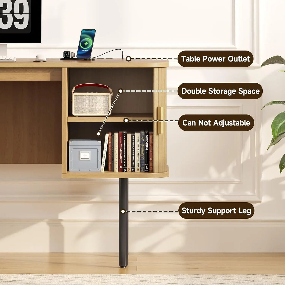 ONBRILL Fluted Computer Desk With Storage Cabinets And Power Outlets
