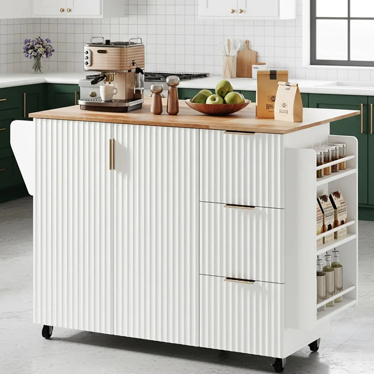 Kitchen Cart With 3 Drawers And 2 Doors Drop Leaf Tabletop Rolling
