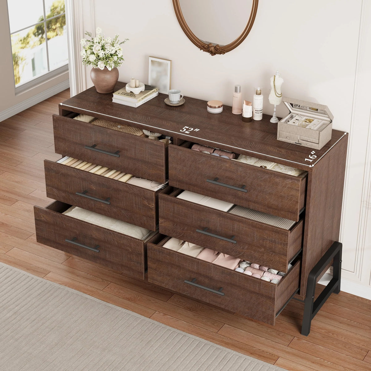 Six Drawer Wooden Dresser With Metal Feet For Bedroom Storage
