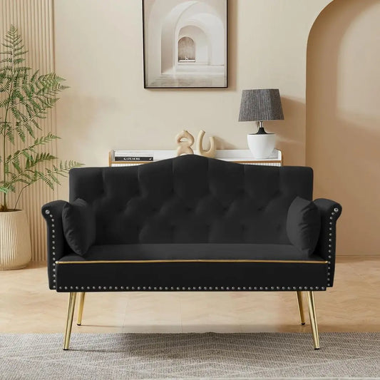 55-Inch ern Velvet Loveseat Soa with Gold Metal Legs & Side kets, Tuted Backrest, Perect or Living Room, Bedroom, or Oice (Black